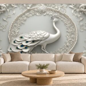 White Peacock & Silver Ornamental Wallpaper