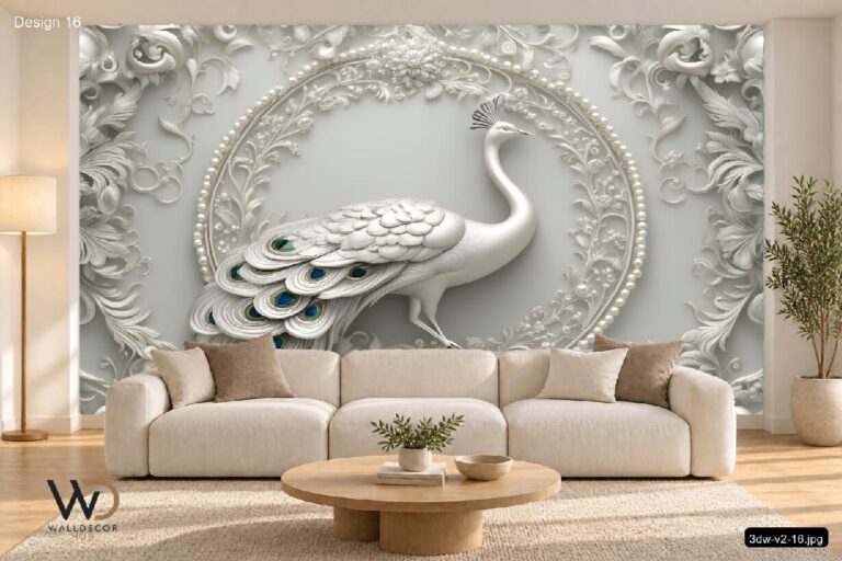White Peacock & Silver Ornamental Wallpaper
