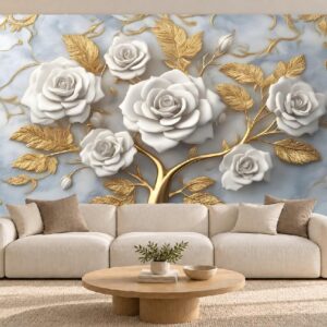 White Rose & Gold Leaf Wallpaper on Blue Marble Background