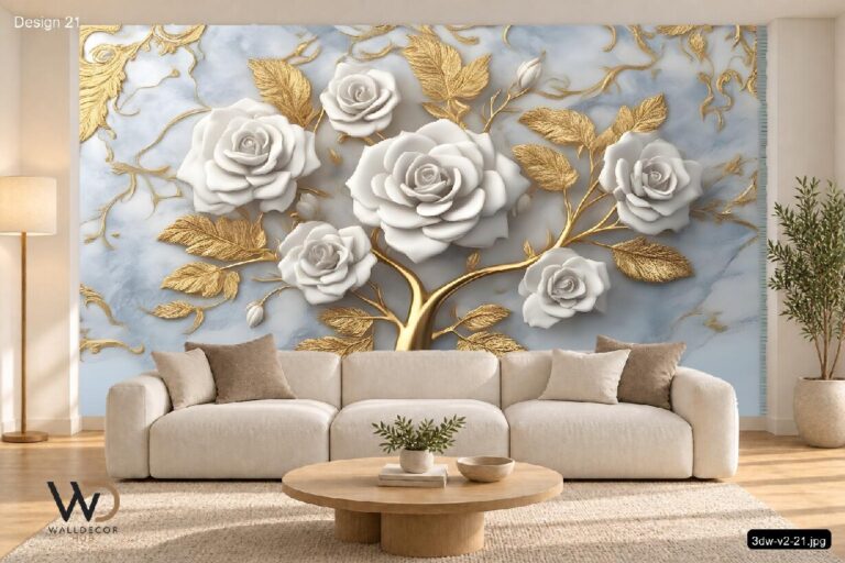 White Rose & Gold Leaf Wallpaper on Blue Marble Background